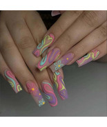 24Pcs Multicolored Line Flower Design False Nails Long Coffin Fake Nails - €8,70 EUR+