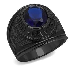 Men&#39;s US Navy IP Black Stainless Steel Ring w/ Sapphire Cubic Zirconia - £18.56 GBP