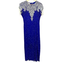 SCALA Vintage Sheath Gown Dress Silk Beaded Detail Shoulder Blue Size Large - $74.25