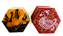 Handmade Folk Art Wooden Trinket Keepsake Boxes w/ Swans Set of 2,  2&quot;H 3&quot;W  EUC - £6.36 GBP