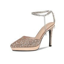 Crystal Chain Silver Glitter Women Stiletto Heels Sandals Gold Sequin Bling Blin - £79.54 GBP