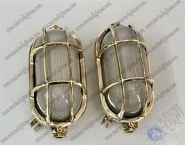 BULKHEAD CAGE BRASS ANTIQUE OVAL WALL LIGHT FIXTURE WITH WHITE GLASS LOT... - $237.10