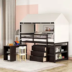 Merax Twin Size Loft Bed with Rolling Cabinet, Desk, Bookshelf, House Sh... - £945.85 GBP