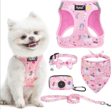 Small dog harness w/ leash, bow tie,scarf, &amp; bag holder pink llama &amp; rainbows - £15.18 GBP