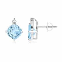 Aquamarine Cushion Stud Earrings with Diamond in 14K Gold (Grade-AAA , 7MM) - £827.37 GBP