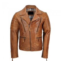 New Men&#39;s Custom Made Tan Brown Leather Zipper Style Real Cowhide Leathe... - £125.81 GBP