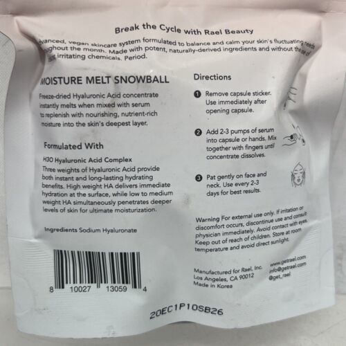 Rael Beauty Moisture Melt Snowball Hyaluronic Acid  6 In each Pouch - $4.29