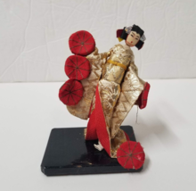 4&quot; Geisha Girl Figurine Vintage Small Shelf Sitter Japanese Fabric Lacqu... - £7.07 GBP