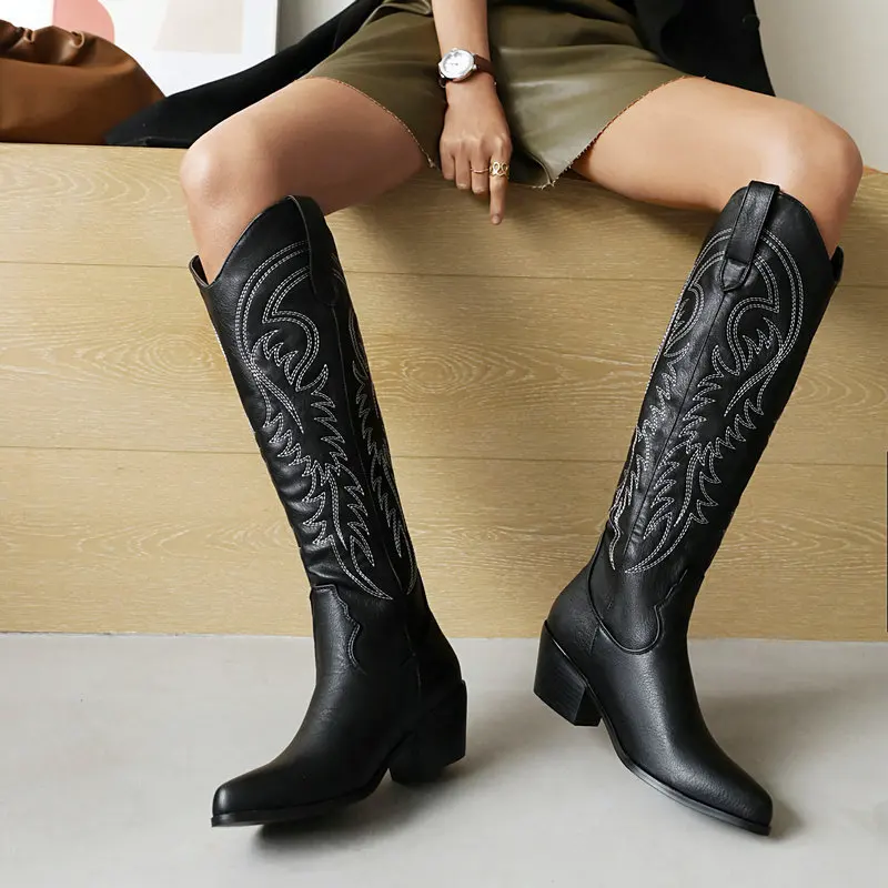 Embroidered Western Women boy Boots  Slip-on Pink Knee High Boots Women Shoes 20 - £231.71 GBP