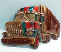 Rare 3d enameled Semi Truck belt buckle green, red, gold 18 wheeler - VTG USA - £10.79 GBP