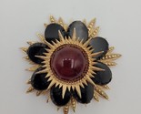 Vintage Atomic Sunburst Flower Brooch Gold Black Burgundy Polished Caboc... - $79.19