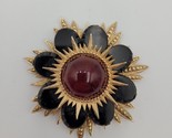 Vintage Atomic Sunburst Flower Brooch Gold Black Burgundy Polished Caboc... - £62.31 GBP