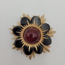Vintage Atomic Sunburst Flower Brooch Gold Black Burgundy Polished Cabochon Gem - £63.45 GBP