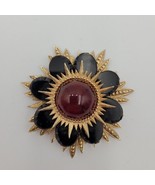 Vintage Atomic Sunburst Flower Brooch Gold Black Burgundy Polished Caboc... - $108.29 CAD