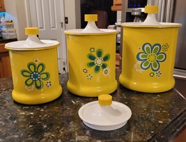 Vintage 1960s Kromex Aluminum Canister Set of 3 Yellow Mod Flower Power Design - $119.95