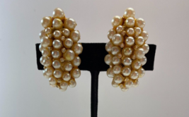 Vintage Faux White Pearl Rhinestone Gold Cluster 1.5 x 1 in Clip On Earrings - £15.65 GBP