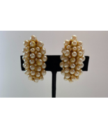 Vintage Faux White Pearl Rhinestone Gold Cluster 1.5 x 1 in Clip On Earr... - £15.76 GBP