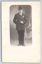 RPPC Dapper Gentleman With Bowler Hat And Cigar Studio Photo Masked Post... - £10.92 GBP