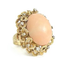 Vintage 1950&#39;s 1960&#39;s Oval Coral Diamond Cocktail Ring 14K Yellow Gold, 20.86 Gr - £2,314.13 GBP