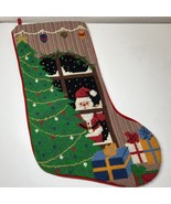 Vintage Embroidery Santa &amp; Tree Christmas Handmade Stocking Needlepoint ... - $25.64 CAD