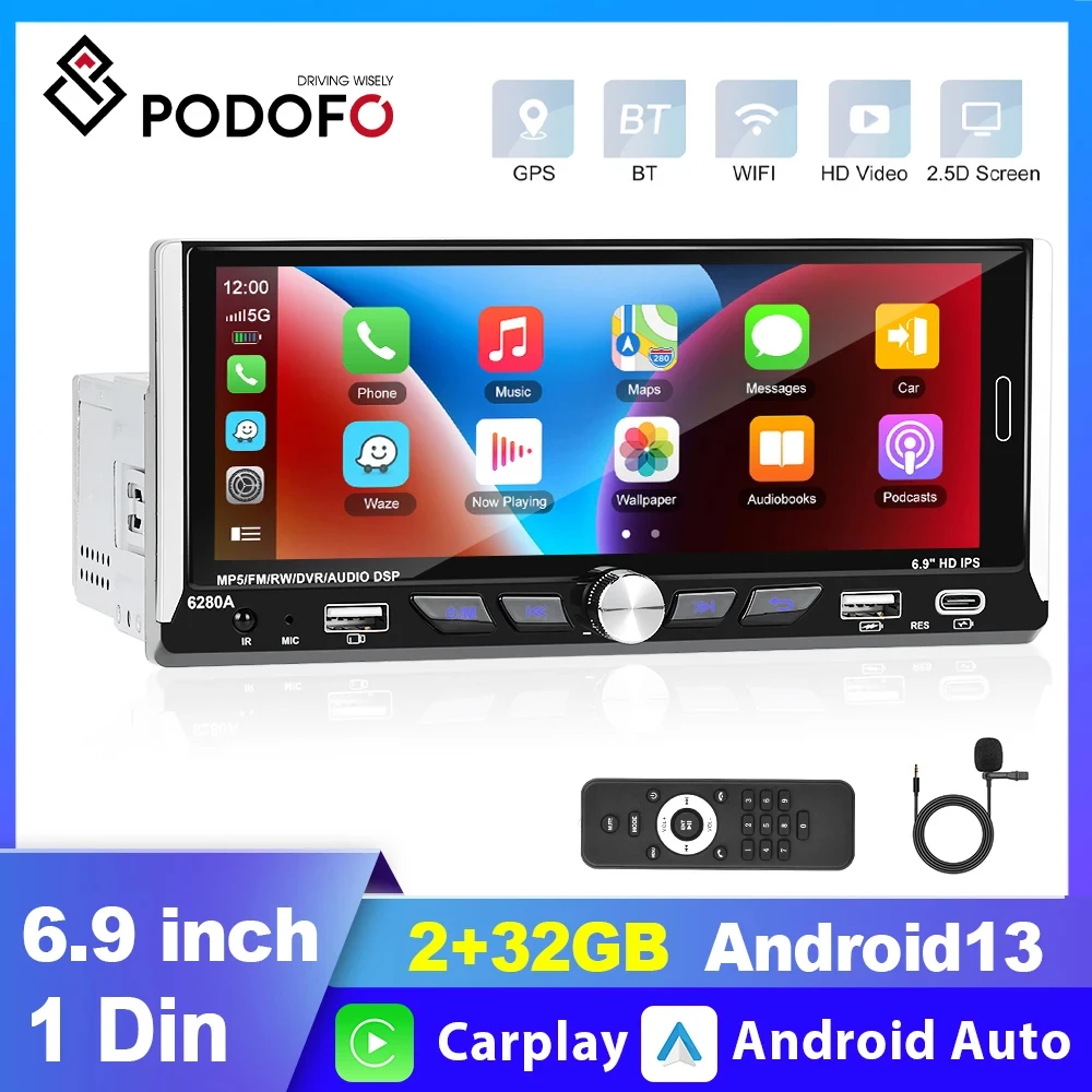 Podofo 1 Din Android 2+64G Car Radio CarPlay Multimedia Player Autoradio Wince - £62.02 GBP+
