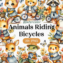 Bundle Watercolor Cute Animals Riding Bicycles Clipart PNG - £2.38 GBP