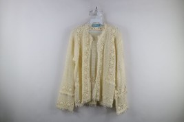 Vtg 60s 70s Boho Chic Womens L Fringed Flower Crochet Knit Open Front Sweater - £74.32 GBP