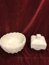 2 pcs. white Milk Glass Mid Century trinket dish lid bowl grape leaves v... - $41.57