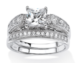 Princess Cz Vintage Inspired Bridal 2 Piece Ring 10K White Gold 6 7 8 9 10 - £713.66 GBP