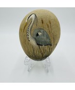 Original Oil Painting On Rock Heron Signed 5in Oval Smooth Nature Artwork Canada