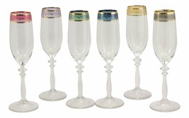 Italian Set of 6 Colorful Floral Champagne Flute Wine Glasses With Gold Accents - £49.43 GBP