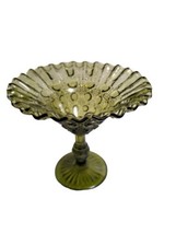 Vintage Olive Green Glass 6&quot; Crimped Ruffled Compote Button &amp; Cane Pattern - £10.05 GBP