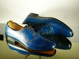 Handmade Men Blue Wing Tip Brogue Leather Dress Shoes, Men Designer Formal Shoes - £114.68 GBP