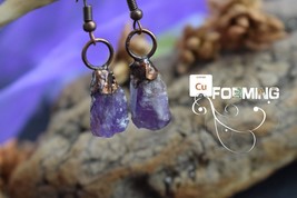 Copper electroformed earrings with a small rough amethyst crystal and dark black - £22.81 GBP