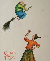 Halloween Easter Witch Postcard Fantasy Glad Pask Man Steals Lady&#39;s Broom Sweden - £34.53 GBP