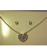 Crystal Rhinestone Necklace &amp; Pierced Earring Boxed Set Heart Pendant  - £7.05 GBP