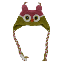Owl Face Design Crochet Children&#39;s Hat w/ Braids Pink/Green - £3.77 GBP