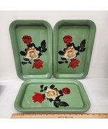 Set Of 3 Vintage MCM Metal Lap TV Tray Green Red White Floral Roses Shab... - $24.18