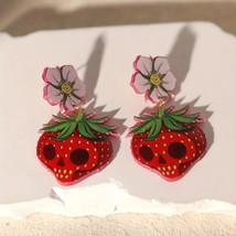 Strawberry Skull Dangle Earrings – Gothic Kawaii Flower Drop Jewelry - $15.00