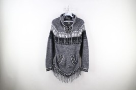 Vtg 90s Streetwear Womens Small Alpaca Wool Blend Knit Fringed Hoodie Sweater - £38.20 GBP