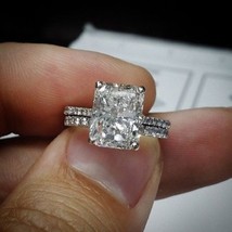 Engagement Ring Set 3.10Ct Radiant Cut Simulated Diamond 14K White Gold Size 7 - £215.02 GBP