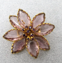 Vintage German Flower Brooch Purple Glass Marquise Rhinestones Gold Tone 2.25&quot; - $39.59