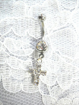 New Dazzling Clear Crystal Cross Charm On 14g Clear Cz Belly Ring Navel Barbell - £4.77 GBP