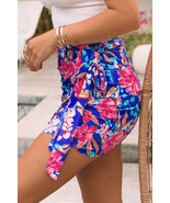 Blue Floral Print Lace-up High Waist Bodycon Mini Skirt - $189.98 MXN