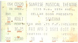Vintage Santana Ticket Stub Aprile 3 1981 Sunrise Theatre Ft. Lauderdale Fl - £43.22 GBP
