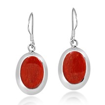 Simple Oval Shaped Reconstructed Red Coral Sterling Silver Dangle Earrings - £10.57 GBP