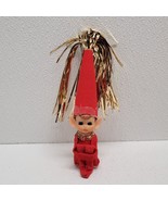Vintage Christmas Elf Pixie Knee Hugger Figure Tinsel Cone Hat Red &amp; Gold - $54.35