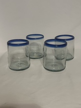 Set Of 4 Hand Blown Mexican Juice Low Ball Glasses Cobalt Blue Rims - £26.61 GBP