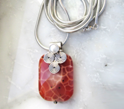 Vintage Leopard AGATE &amp; Pearl Sterling Silver Pendant 24" Long Necklace - $29.65