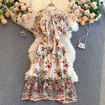 Guilantu  Embroidery  Office Dress Women Summer Short Sleeve Tulle Vintgae Dress - £79.68 GBP